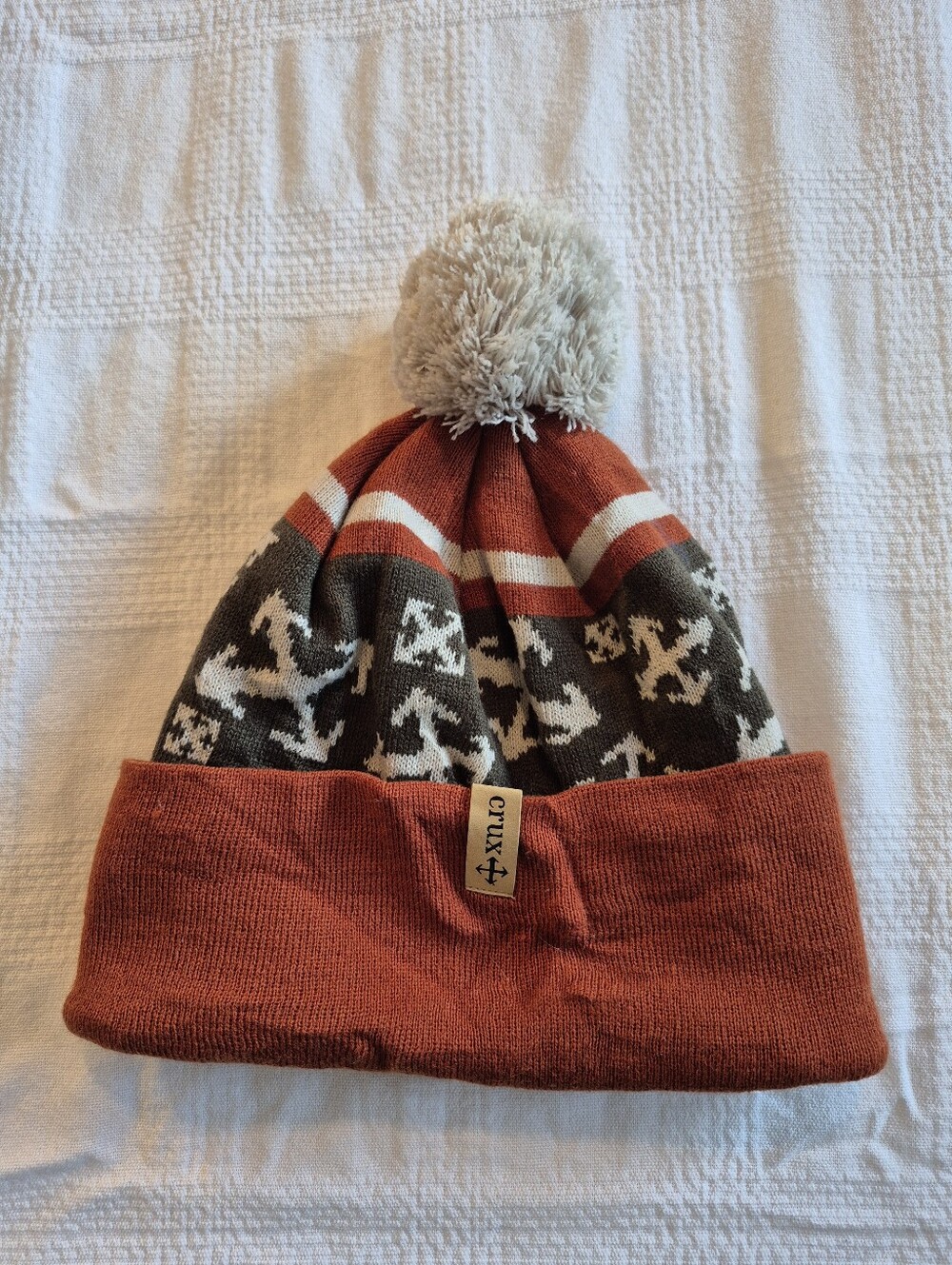 Crux men's one size pom pom beanie rust, gray & cream EUC